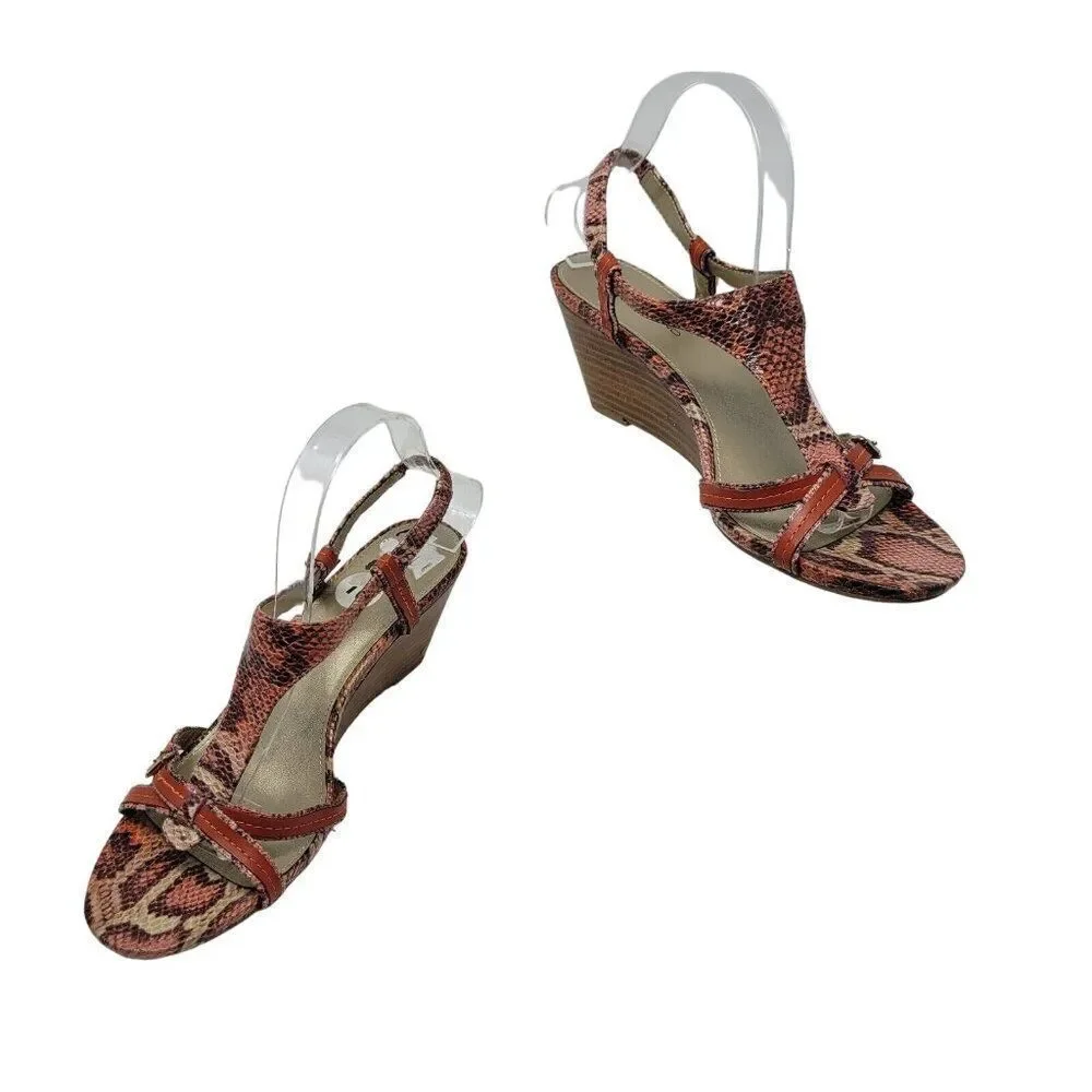 Bandolino Vegan Faux‎ Leather Strappy Wedge Sandals 10 Pink Coral Snake Embossed